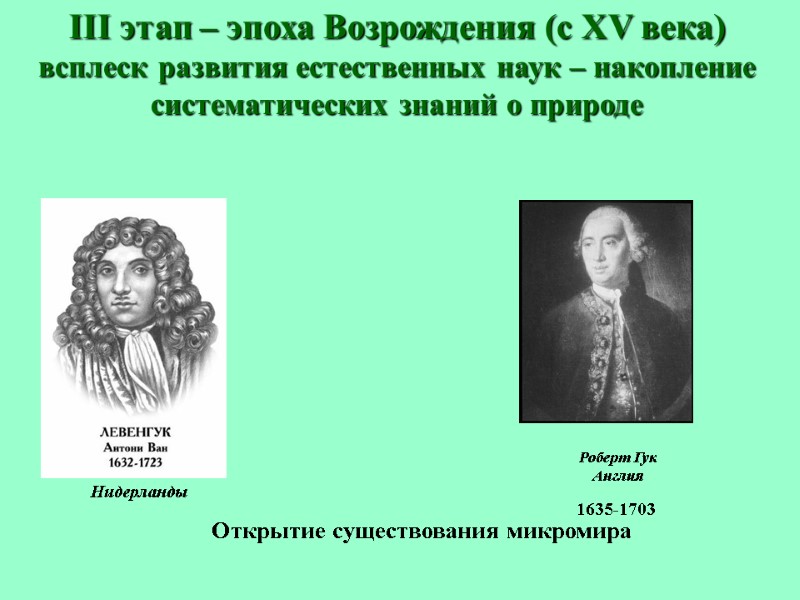 Открытие существования микромира Роберт Гук  Англия III этап – эпоха Возрождения (с ХV